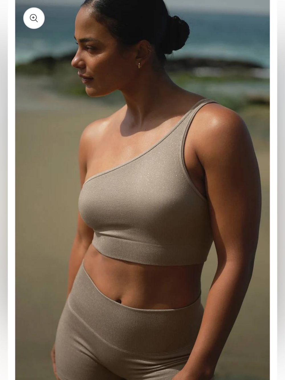 NWOT ALO Yoga Seamless Ribbed Asymmetric Shimmer Bra & Shorts - Gravel - Small